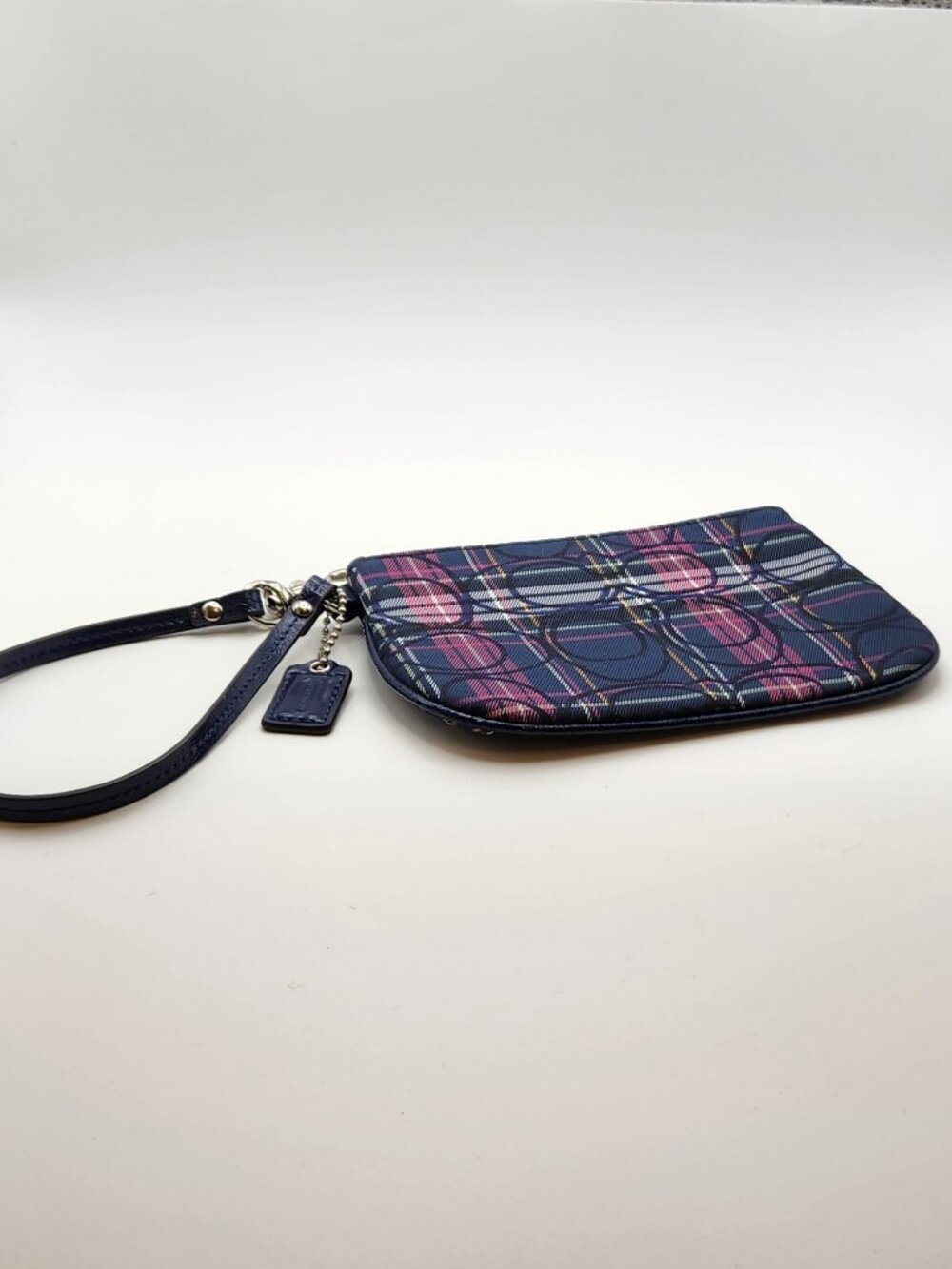 Coach wristlet plaid with key tag strap navy interior VGUC